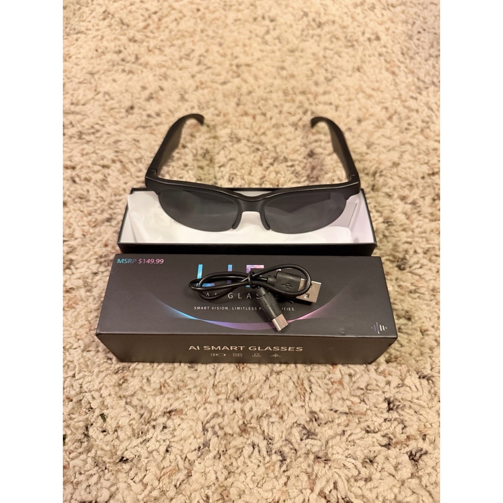 LIFE AI Smart Glasses Bluetooth 5.0 Black Eyewear USB Charging Cable Box - Picture 3 of 4